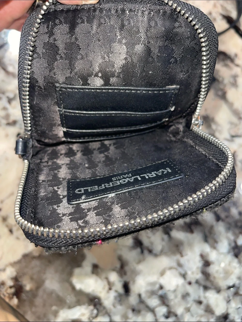 Karl Lagerfeld Black Tweed Crossbody Phone Pouch with Multicolor Stitching